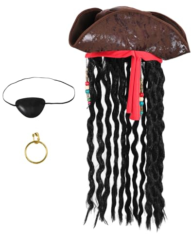 Yolyoo Pirate Hut mit Dreadlocks Leder Dreicorn Piraten Mütze Pirate Kapitän Hut Kostüm Zubehör Eye Patch Ohrring für Karneval Halloween Cosplay Party