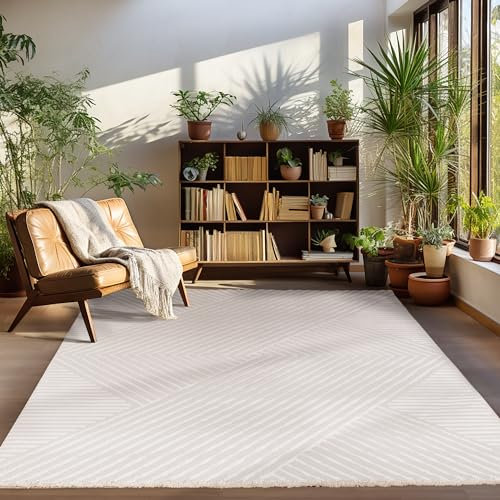 Carpettex Teppich Kurzflor Wohnzimmer Beige Skandinavisch Stil 3D Effekt Groß 280 x 370 cm (300x400) - Waschbarer Schlafzimmer Küchenteppich Boho Design Weich und Flauschig