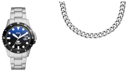 Fossil Herrenuhr Blue Dive und Halskette Schmuck, silberfarbener Edelstahl, Set