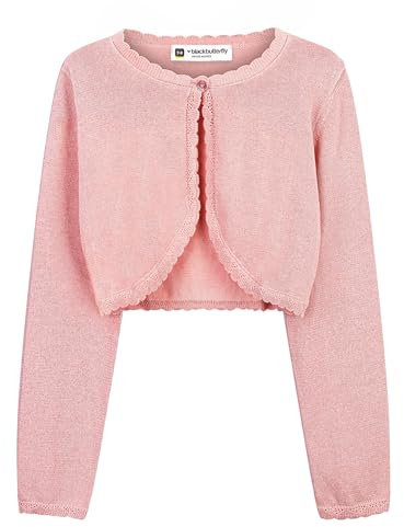 BlackButterfly Girls Long Sleeve Sparkle Cardigan Childrens Kids Bolero Shrug (Baby Pink, 7-8 Years)