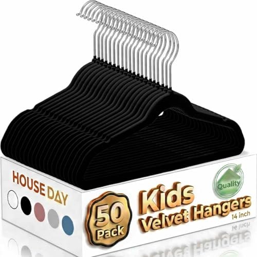 HOUSE DAY 14 Inch Kids Velvet Hangers 50 Pack, Durable Big Kid Hanger Black