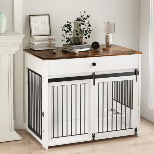 DAWNYIELD Dog Crate for Large Dog, Furniture Style Pet Crate with Sliding Doors, Wooden Indoor Dog Kennel Side Table with Drawer, Lockable Dog House with 360°Rotatable Bowl White