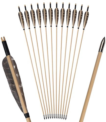 S F 31.5 Zoll Holzpfeil, 5 Zoll natürliche Farbe natürliche Federn, Erwachsenenbogenschießen, handgefertigter Holzjagdpfeil für traditionellen Bogen, Recurve-Bogen, Langbogen