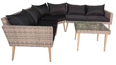 Wohnando Polyrattan Gartenmöbel Set 5 Personen - Ecksofa mit Tisch