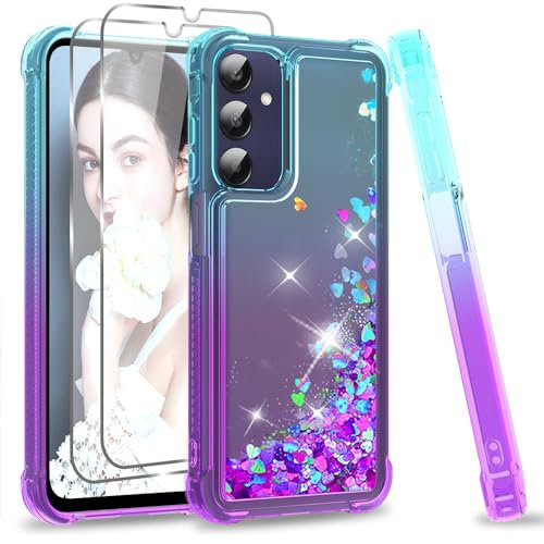 LeYi Funda para Samsung Galaxy A25/A 25 5G con [2-Unidades] Cristal Templado Protector Pantalla, Silicona Purpurina Brillante Carcasa, Transparente Gel Bumper TPU Fundas Case Cover, Verde/Morado