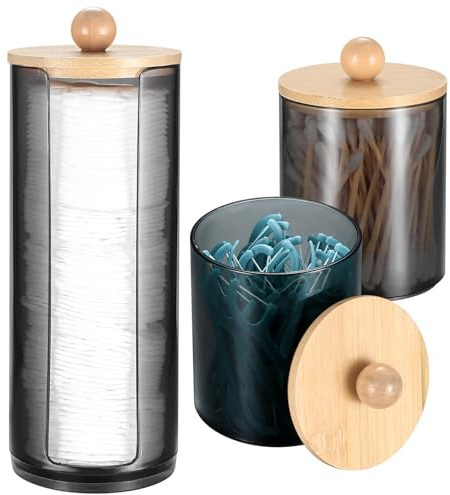 3 Pz Porta Cotton Fioc per Bagno, Porta Dischetti Struccanti, Contenitore Cotton Fioc con Bambù Coperchio per Cotone Struccante Dischetti Batuffoli di Cotone Cosmetici Bagno Camera da Letto, Nero