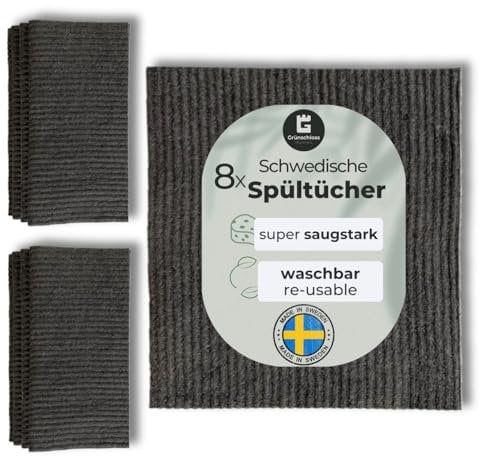 Grünschloss Spültücher Spüllappen grau dunkel (8X) waschbare Putzlappen Baumwolle & Holz-Zellstoff (Made in Sweden) Schwammtuch Küche extra saugstark - Abwaschlappen Küche, modern & hygienisch