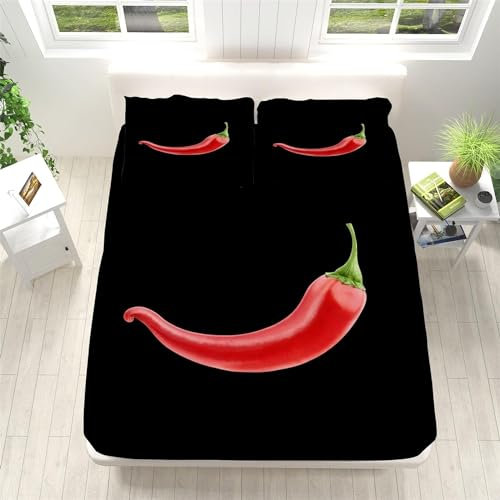3D Rote Chili Spannbettlaken 140x200cm, Schwarz Rot Weiches Mikrofaser Bettlaken für Kinder, Bettlaken Spannbetttuch 140x200 bis 30 cm Matratzenhöhe mit 2 kissenbezüge b5443
