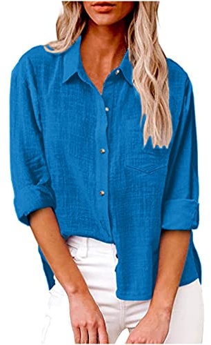 Generic Women's Long Sleeve Button Down Cotton Linen Shirts 2024 Summer Tops UK Roll Up Long Sleeve Lapel Blouses Loose Fit Ladies Shirt Casual Office Work Blouse Light Blue M