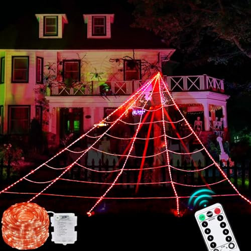 Maxee 390 LED Halloween Spinnennetz Lichter Deko, 5m Riesen Lichternetz mit 26m Lichterkette & Fernbedienung (8 Lichtmodi &Timer), Netz Lichter Dekoration für Garten Innen Außen - Rot