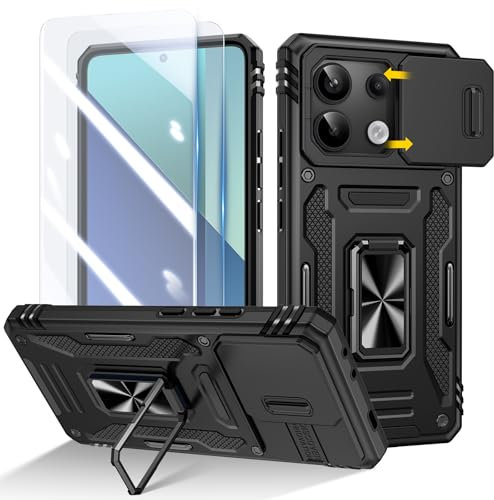 Doeshine Hülle für Xiaomi Redmi Note 13 4G, Handyhülle mit 2 Stück Displayschutzfolie & Kameraschutz, Magnetisch Ring Ständer, Robust Fallschutz Outdoor Militär Schutzhülle für Redmi Note 13 (Schwarz)