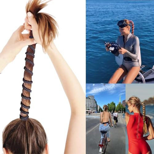 Spiral Haargummi, Pferdeschwanzhalter für den Sport, elastische geflochtene Haargummis, keine Beschädigungen, Pferdeschwanzwickel für langes Haar für Fitnessstudio, Schwimmen, Tauchen,Schwarz, 89 cm