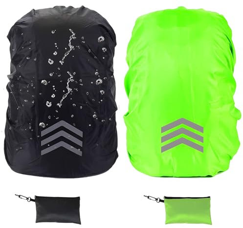 ElevaPulse 2 Stück Regenschutz Rucksack, 18-30L Rucksack Regenschutz, Regenschutz Schulranzen, Schulranzen Regenschutz, Ranzen Regenschutz, Regenhülle Rucksack Mit Reflektoren(Schwarz + Grün)
