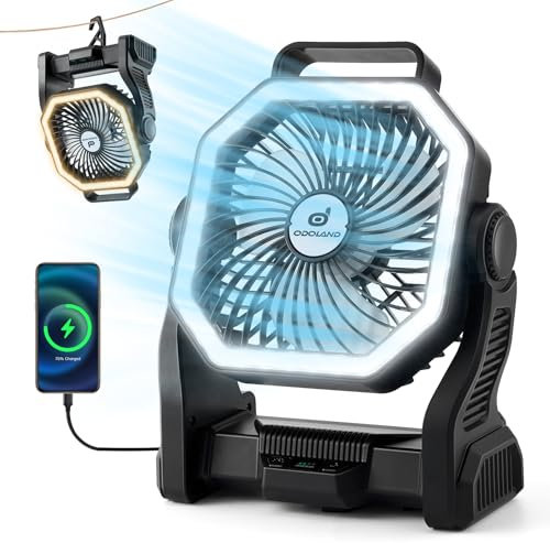 Odoland Linterna LED de camping con ventilador, 20000mAh ventilador a pilas con 4 velocidades y gancho, luz portátil recargable para tienda de campaña al aire libre para picnic, apagón, viajes,negro