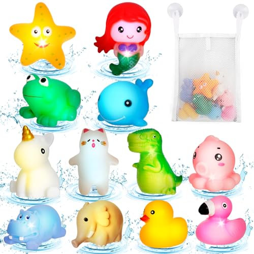 12 Pièces Jouets de Bain Bébé, Jouets de Bain Lumineux avec LED, LED Clignotants Colorés pour Bébé, Jeux de Bain pour Bebe Enfant 1 2 3 4 Ans, Garçons et Filles