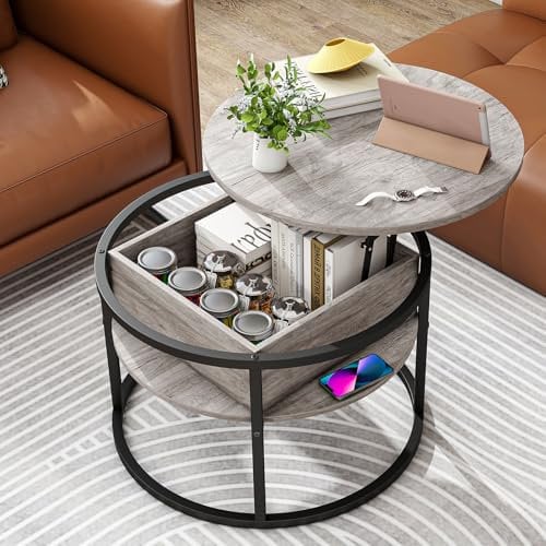 HOJINLINERO Round Coffee Table,Lift Top Coffee Tables for Living Room,Wooden Coffe Table with Hidden Storage & Lift Up Top,Modern Sofa Tea End Center Tables Living Room Furniture,Grey