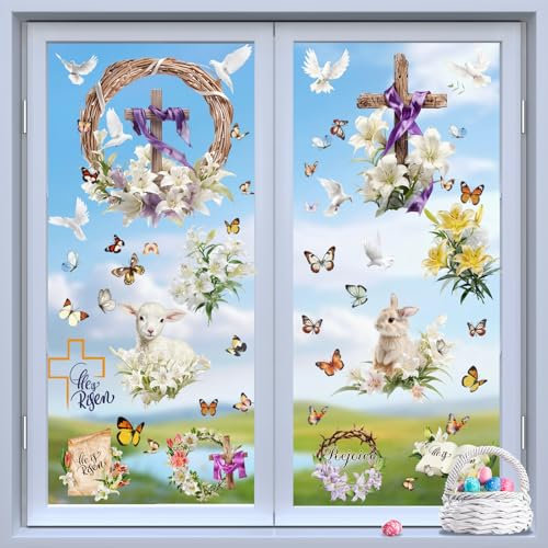 KIKISML 56PCS Autocollants de Fenêtre de Pâques, 9 Feuilles Autocollants de Pâques Religieuse Croix Lapin, Décorations de Fenêtre de Porte de Pâques en PVC