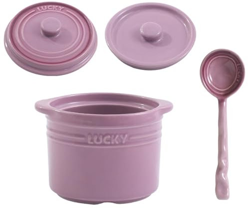 Keramik-Haushaltstopf mit Doppeldeckel und Löffel, tragbarer bunter Suppentopf, kleine Auflaufformen für Eierdesserts, lila