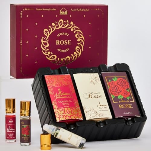 Dukhni Rose Attar Oil Set | Authentic Arabic Fragrance Oils | 100% Pure, Alcohol-Free Original Gulab Attar Blends | Rose, White, Sandalia Gulab - 6ml each