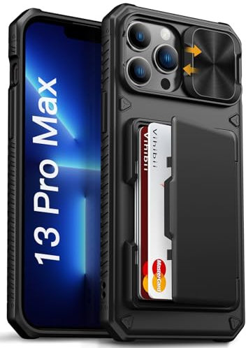 Vihibii for iPhone 13 Pro Max/iPhone 12 Pro Max Case with Card Holder (4 Cards) [RFID Blocking] & Slide Camera Cover, Military Grade Drop Protection, Rugged Back & Silicone Edge Wallet Case, Black