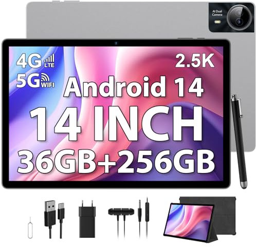 LINROM 2.5K Tablet 14 inch, 4G Lte/5G WiFi, INCELL 2240 x 1400 FHD, 11580mAh, 36GB RAM, 256GB ROM (2TB Expansion), Android 14.0 Octa-Core, 13MP+8MP, Tablet with Case/GPS/Bluet 5.0 (Silver)
