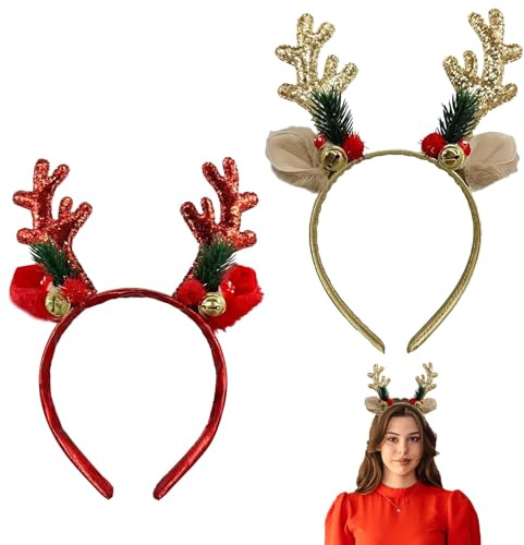2 Stück Rentier Haarreif Weihnachten,Rentier Geweih Weihnachts Haarreif | Stirnband mit Glöckchen Weihnachtshaarreifen Erwachsene Weihnachts Kopfschmuck für Damen Mädchen Haarreifen Weihnachten Party