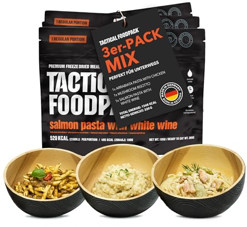 Tactical Foodpack 3er Set Mix, Fertiggerichte für Notfallrucksack, Outdoor | Gefriergetrocknetes Essen Camping, Nudeln mit Hähnchen, Pilzrisotto, Pasta mit Lachs und Weißwein, Outdoor-Mahlzeiten