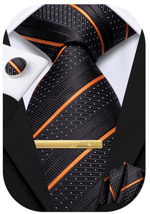Hi-Tie Herren-Krawatte und Einstecktuch, goldfarben, Manschettenknöpfe, formelle gewebte Seide, Krawatten-Set, Hochzeit, Party, Schwarz / Orange kariert, M
