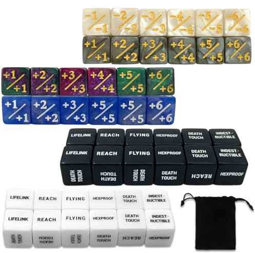 48 STK Würfel Zähler, Acryl Token Gezinkte Würfel Set mit Samtbeutel Fähigkeiten Schlüsselwörter Zählerwürfel Loyalität Cube Würfel Magic The Gathering Zubehör für MTG TCG-Kartenspiel