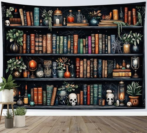 LB Wandteppich Gothic Bücherregal Wandtuch Totenkopf Grüne Pflanzen Vintage Bücher Wandbehang Wand Deko für Wohnzimmer Schlafzimmer Wohnheim,200x150cm