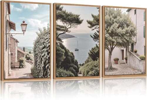 BINCUE 3 Stück Landschafts Bilder mit Rahmen,Italienische Stadtszenerie Wandkunst,Vintage Mediterrane Landschafts Wandbilder,Dekoration mit Stadtküstenstraßen,Moderne Wanddeko Wohnzimmer Schlafzimmer