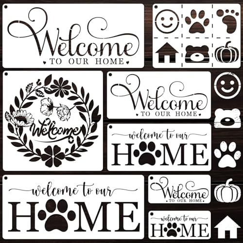Welcome Home Schablonen Set,8 wiederverwendbare Kunststoff-Malschablonen erwachsene,mit Hundepfoten,Willkommens-Schablonen zum Malen für Türmatten,Wandgestaltung,Verandadekoration,Einzugsgeschenke