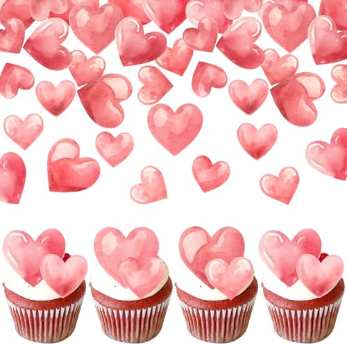 Xsstarmi 60 Pack Pink Love Heart Edible Cupcake Toppers Rice Paper Love You Sweet Heart Cupcake Picks for Wedding Anniversary Birthday Valentine's Day Party Cake Decorations Supplies
