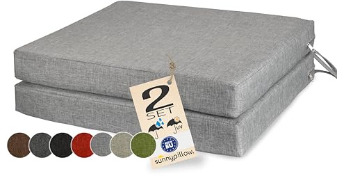 sunnypillow 2er Set Stuhlkissen 45x45cm wasserdicht UV-lichtecht, Grau | Outdoor Polsterauflage mit Bändern, Auflage für Stühle,Bänke, Sitzkissen Stuhlauflage für Haus und Garten, 7cm dick