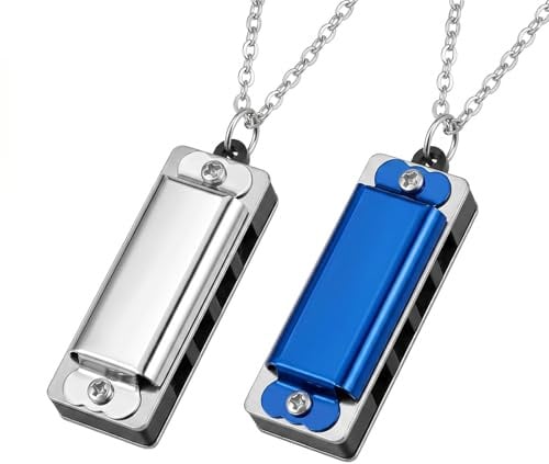 2 Stück Mini Mundharmonika Kette 4 Löcher 8 Töne, Kleine Mundharmonika Halskette für Kinder und Erwachsene, Anfänger Musikinstrument Set, Silber & Blau