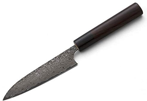 Kanehiro Damast Profi-Messer PETTY Kurosome Yoshimi Kato. Klingen-Länge 12cm. VG-10 Schneidkern, 30 Lagen Damast, hand-geschmiedet. Runder Echt-Holz-Griff aus hochwertigem Rosenholz-Palisander