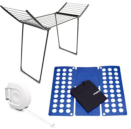 Relaxdays 3 teiliges Haushalts Set, Wäscheständer klappbar, 13 m Trockenlänge, ausziehbare Wäscheleine, großes Faltbrett für Wäsche