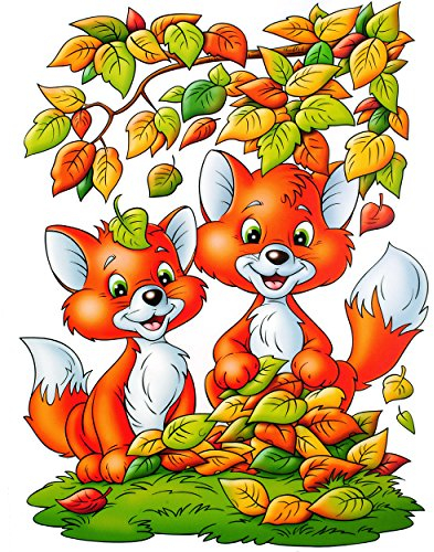 alles-meine.de GmbH 1 Stück großes Fensterbild - süße Füchse/Tierkinder - mit bunten Blättern - statisch haftend - selbstklebend + wiederverwendbar/Sticker Fensterstick..
