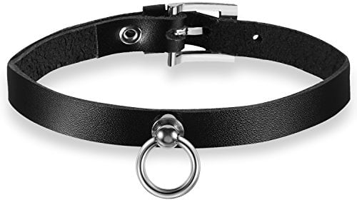 JewelryWe Schmuck Damen Handgefertigt Gotik Punk Leder Halsband Choker O-Ring Kreis Sklave Kragen Halsketten PU Leder Kette Schwarz