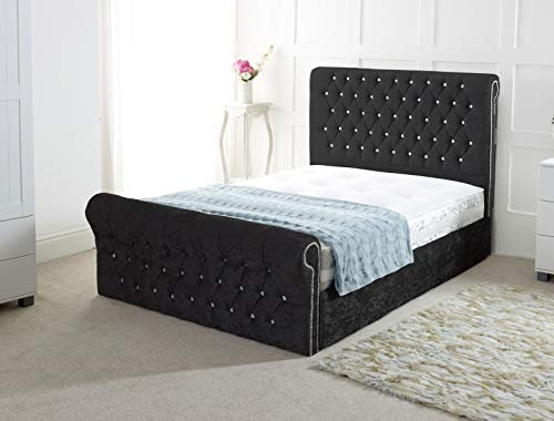 Chesterfield Sleigh Bed In Crushed Velvet |Bed Frame Only (4FT6 Double, Black)