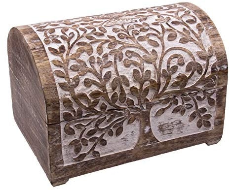 Kunstversteck - Schatztruhe robuste Schatzkiste Holz „Baum des Lebens“, 28 x 20 x 19 cm, massives Mangoholz, white wash, in Handarbeit gefertigt