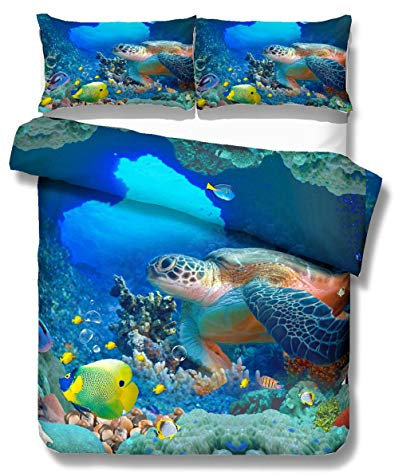 Bettwäsche Set 3D Tier Ozean Schildkröte Hai Digitaldruck Blau Bettbezug und Kissenbezug Kinder Junge Mädchen (Schildkröte und Fisch, Einzelbett 135x200 cm 2 Stück)