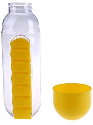 600ml 2 in 1 Pill Box Water Bottle Outdoor 7 Compartments Medicine Organizer with Drinking Bottle Portable Carrying Tablet,Yellow