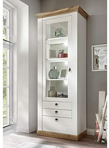 Lomadox Landhaus Vitrinenschrank Standvitrine Pinie weiß Wotan Eiche Nb. inkl. LED-Beleuchtung, B/H/T: 82/204/44cm