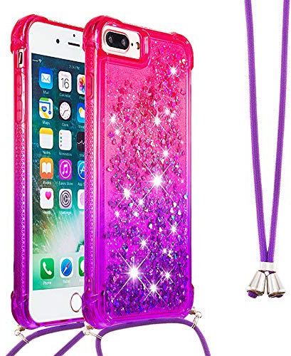 Necklace Phone Case for iPhone 8 Plus / iPhone 7 Plus,iPhone 8 Plus Cover,Glitter Bling Flowing Liquid Shiny 3D Moving Quicksand Cover with Necklace Cord Strap for iPhone 8 Plus,YBGS Pink Purple
