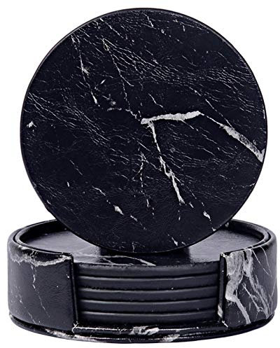 Leather Coasters for Drinks with Holder Set of 6,Coffee Mats Protect Furniture from Hot or Cold Water Marks & Damage, PU Leather Drink Coasters Suitable for Kinds of Mugs and Cups (Black Marbling)