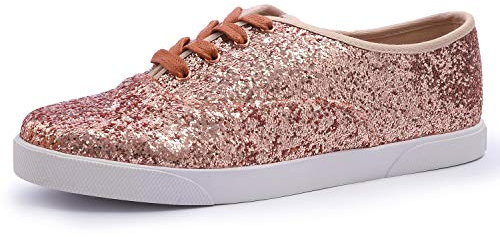 Feversole Women's Featured PU Leather Lace-Up Sneaker,Baskets à Lacets en Cuir PU pour Femme Plaine Or Rose BrillantTaille 40