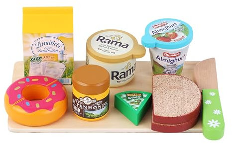 tanner DER KLEINE KAUFMANN TANNER Deco - Frühstücks-Set aus Holz, mit verschiedenen Produkten, Zubehör für Kaufmannsladen, lebensmittelechtes Design, 0902.6