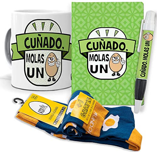 Super Regalo Personalizado para cuñados. Cuñado molas un Huevo. Taza, libreta, boli y Trio de Calcetines
