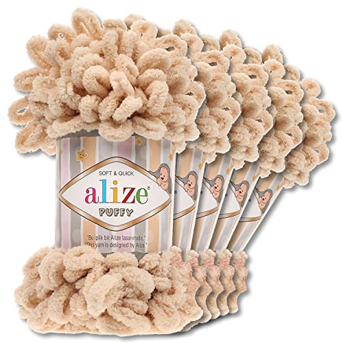 Wohnkult Alize 5 x 100 g Puffy Wolle Chenille Schlaufenwolle Häkeln und Stricken ohne Hilfsmittel Kleidung Accesoire Decken Teppiche (310 | Honig)
